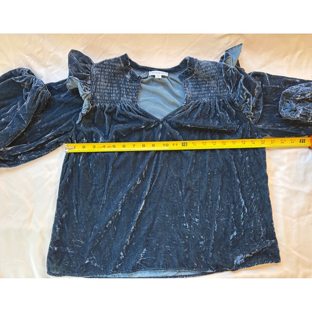 Evereve Elegant Blue Velvet Smocked Ruffle V-Neck Blouse Top WBL117553-E-SL M - Picture 6 of 8